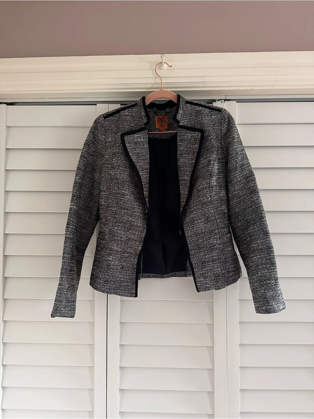 Tory Burch Navy-Trim Gray Tweed Open Jacket Blazer